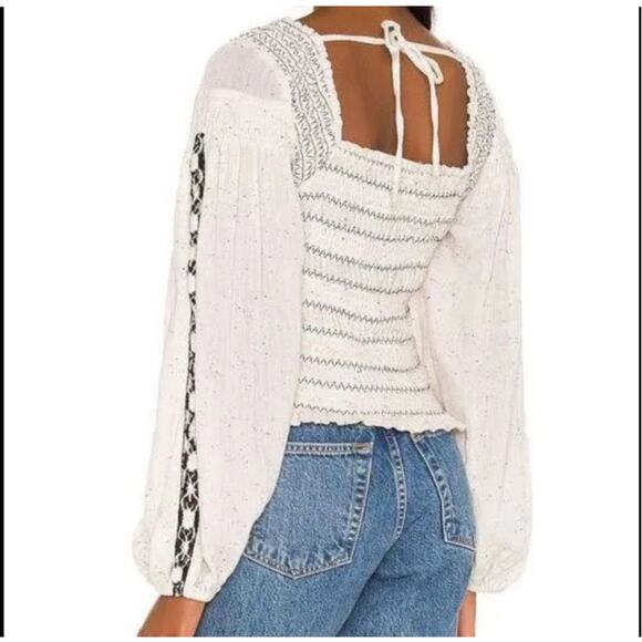 Free People Maggie Medium Embroidered Top Square Neck Smocked Puff Sleeves Ivory - Picture 2 of 12